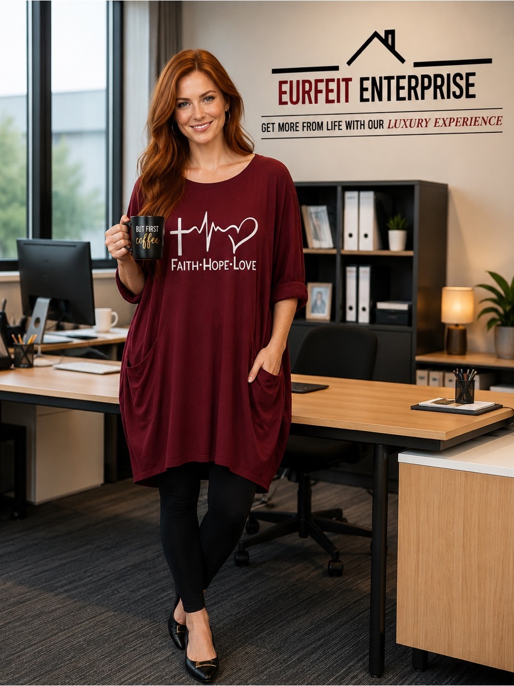 FAITH🫶🏻HOPE🫶🏻LOVE Beautiful Oversized Tunic Dress w/pockets-Burgundy